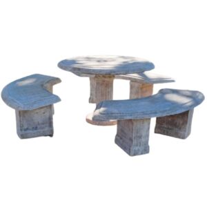 Concrete Floral Table & 3 Plain Benches