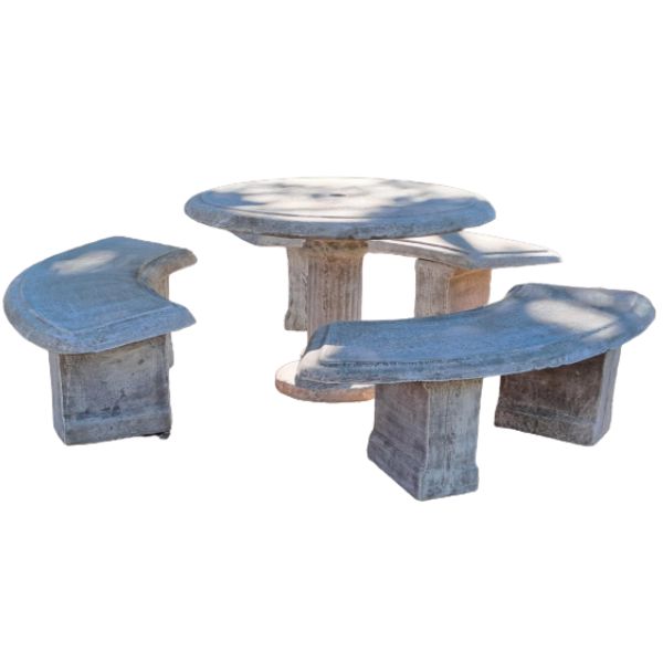 Concrete Floral Table & 3 Plain Benches